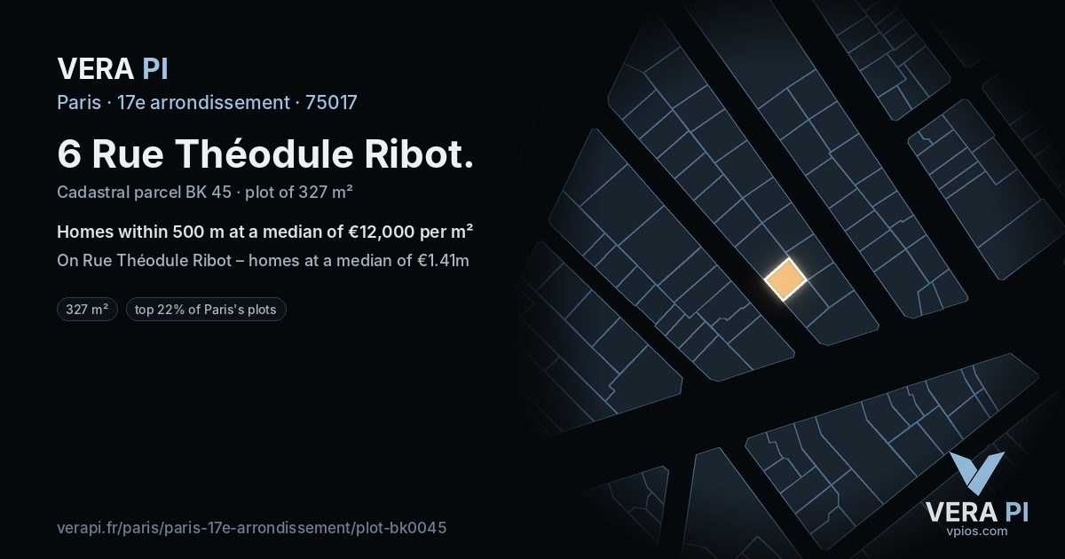 6 Rue Théodule Ribot, 17e arrondissement at night – the plot lit, the parcels around coloured by the prices near them