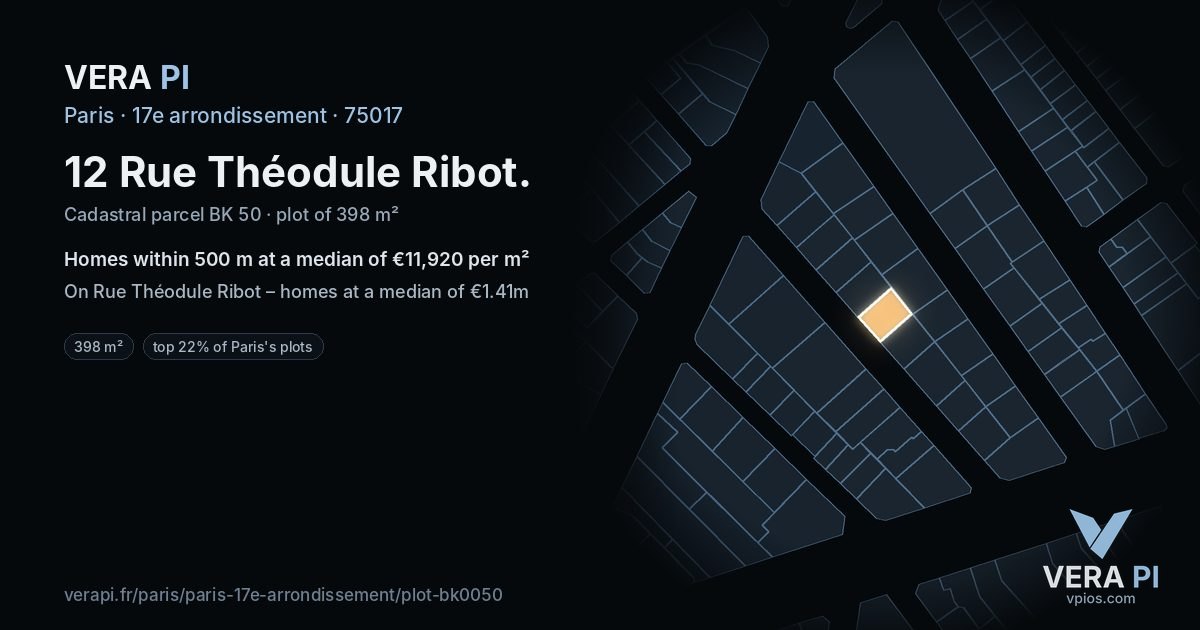 12 Rue Théodule Ribot, 17e arrondissement at night – the plot lit, the parcels around coloured by the prices near them