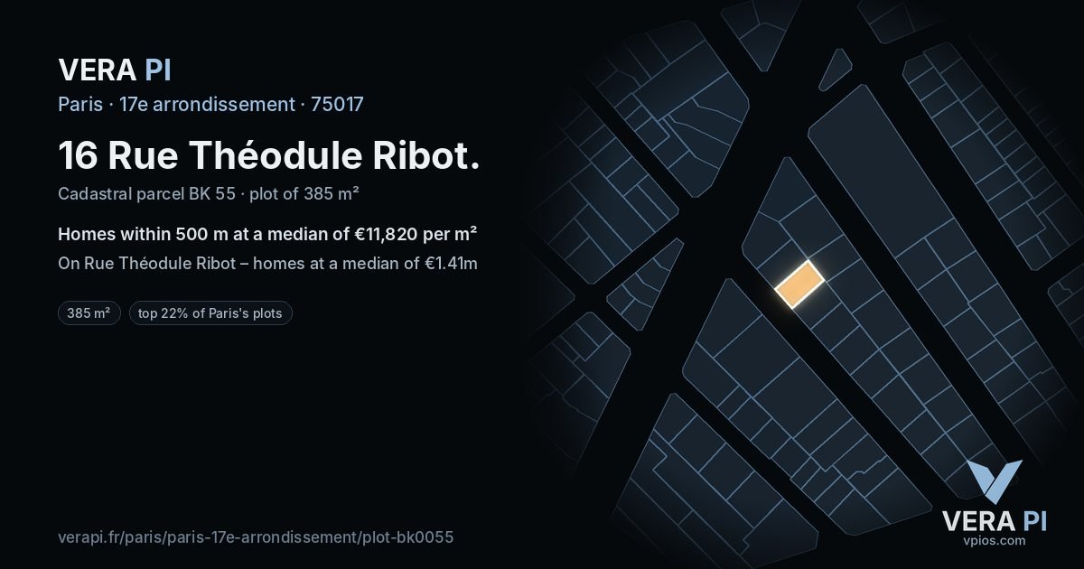 16 Rue Théodule Ribot, 17e arrondissement at night – the plot lit, the parcels around coloured by the prices near them