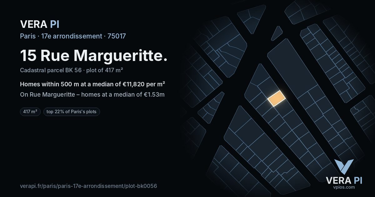 15 Rue Margueritte, 17e arrondissement at night – the plot lit, the parcels around coloured by the prices near them