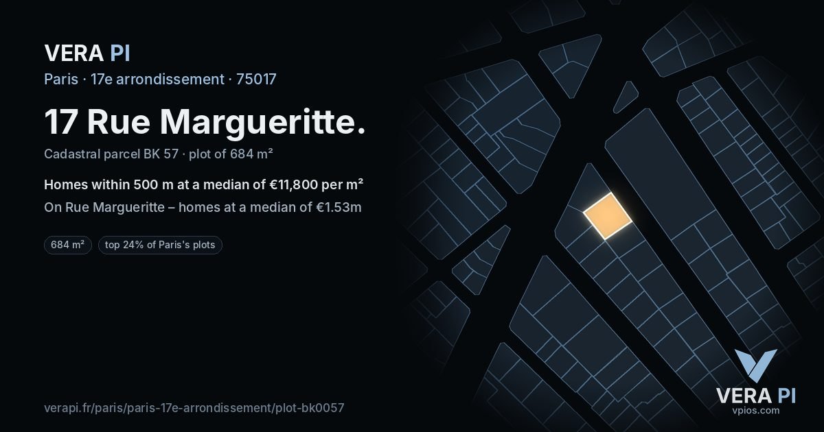 17 Rue Margueritte, 17e arrondissement at night – the plot lit, the parcels around coloured by the prices near them