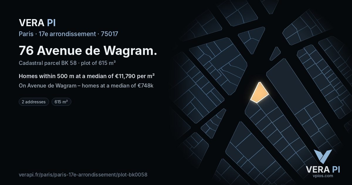 76 Avenue de Wagram, 17e arrondissement at night – the plot lit, the parcels around coloured by the prices near them