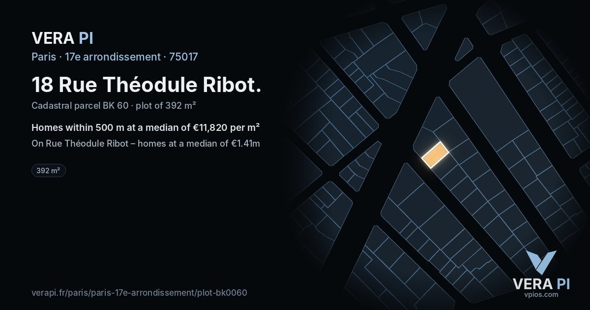 18 Rue Théodule Ribot, 17e arrondissement at night – the plot lit, the parcels around coloured by the prices near them
