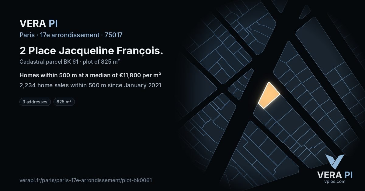 2 Place Jacqueline François, 17e arrondissement at night – the plot lit, the parcels around coloured by the prices near them