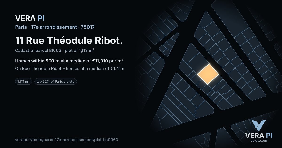 11 Rue Théodule Ribot, 17e arrondissement at night – the plot lit, the parcels around coloured by the prices near them