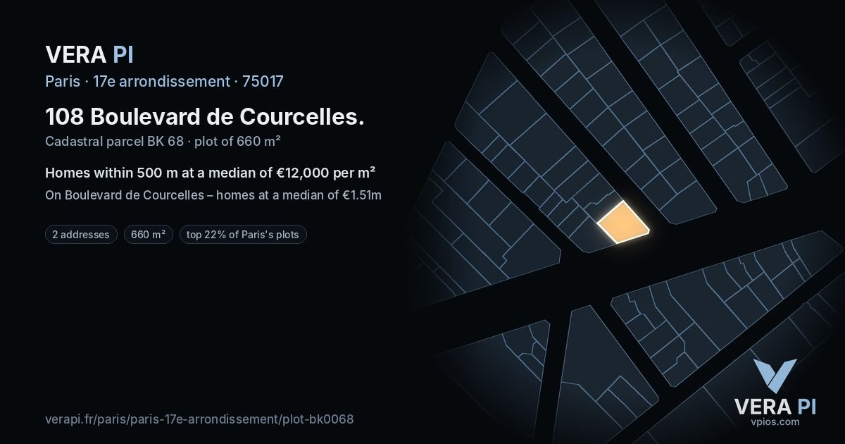 108 Boulevard de Courcelles, 17e arrondissement at night – the plot lit, the parcels around coloured by the prices near them