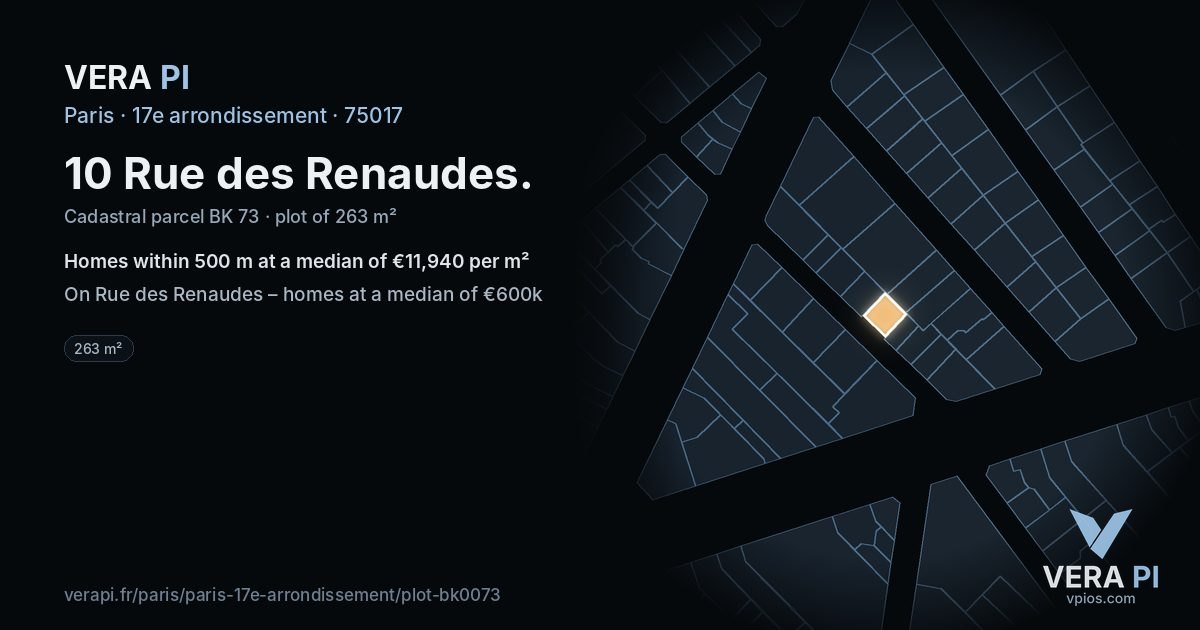 10 Rue des Renaudes, 17e arrondissement at night – the plot lit, the parcels around coloured by the prices near them