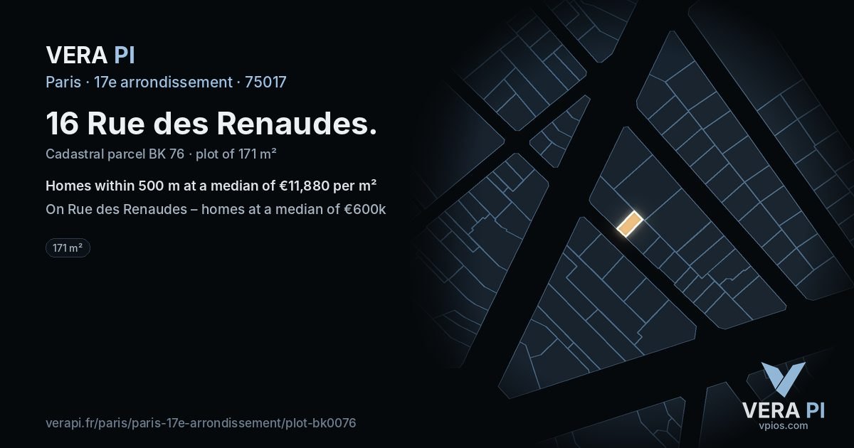 16 Rue des Renaudes, 17e arrondissement at night – the plot lit, the parcels around coloured by the prices near them