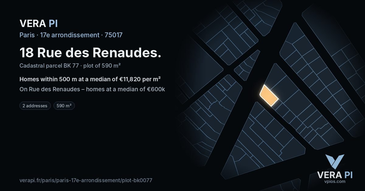 18 Rue des Renaudes, 17e arrondissement at night – the plot lit, the parcels around coloured by the prices near them
