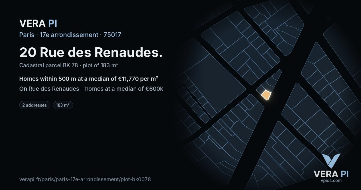 20 Rue des Renaudes, 17e arrondissement at night – the plot lit, the parcels around coloured by the prices near them