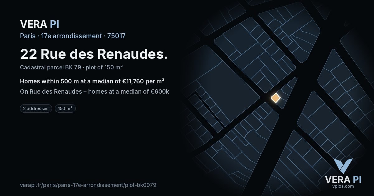 22 Rue des Renaudes, 17e arrondissement at night – the plot lit, the parcels around coloured by the prices near them