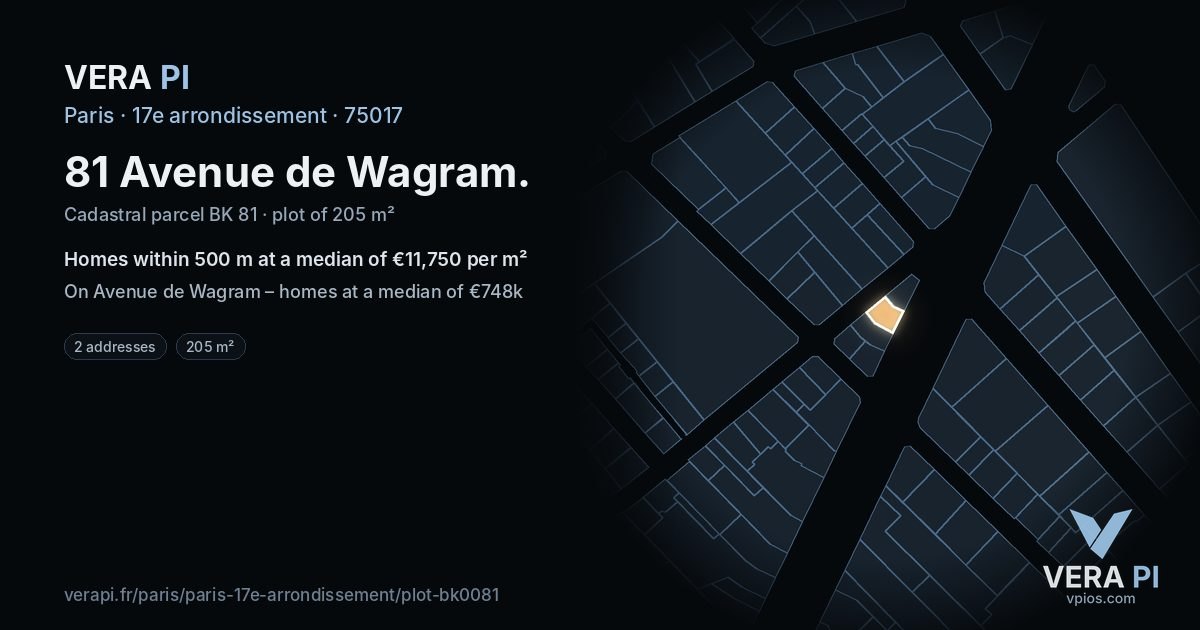 81 Avenue de Wagram, 17e arrondissement at night – the plot lit, the parcels around coloured by the prices near them