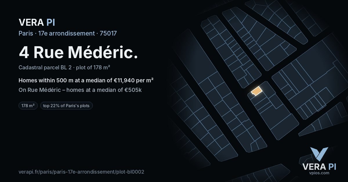 4 Rue Médéric, 17e arrondissement at night – the plot lit, the parcels around coloured by the prices near them