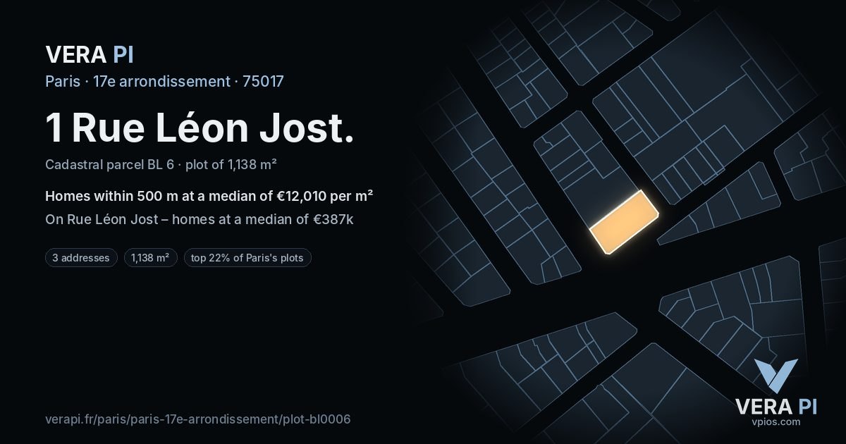 1 Rue Léon Jost, 17e arrondissement at night – the plot lit, the parcels around coloured by the prices near them