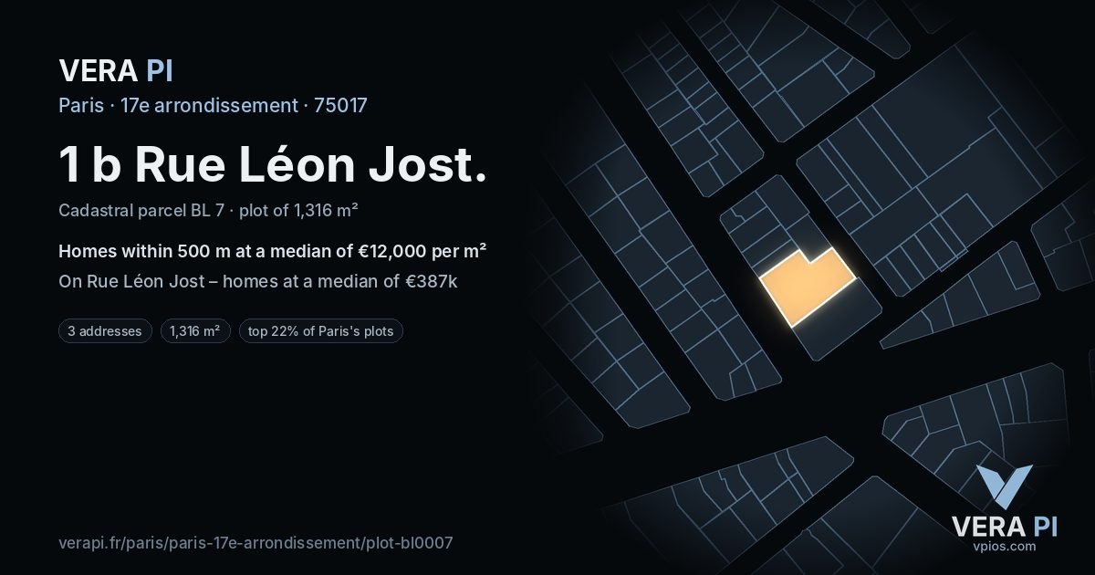 1 b Rue Léon Jost, 17e arrondissement at night – the plot lit, the parcels around coloured by the prices near them