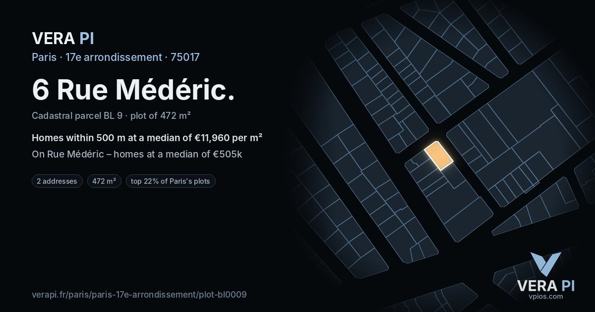 6 Rue Médéric, 17e arrondissement at night – the plot lit, the parcels around coloured by the prices near them
