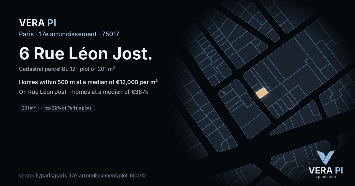6 Rue Léon Jost, 17e arrondissement at night – the plot lit, the parcels around coloured by the prices near them