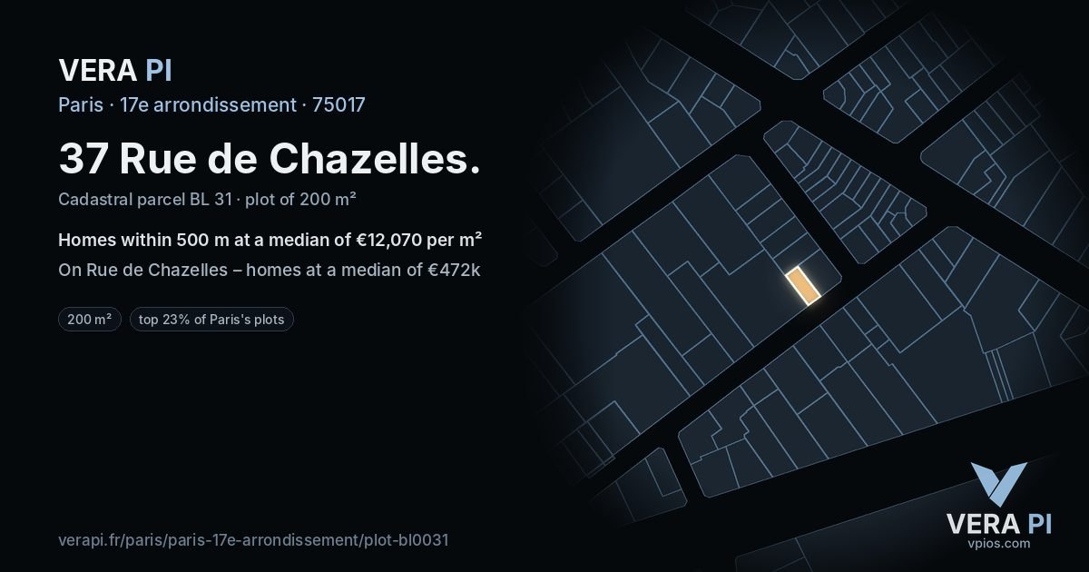 37 Rue de Chazelles, 17e arrondissement at night – the plot lit, the parcels around coloured by the prices near them