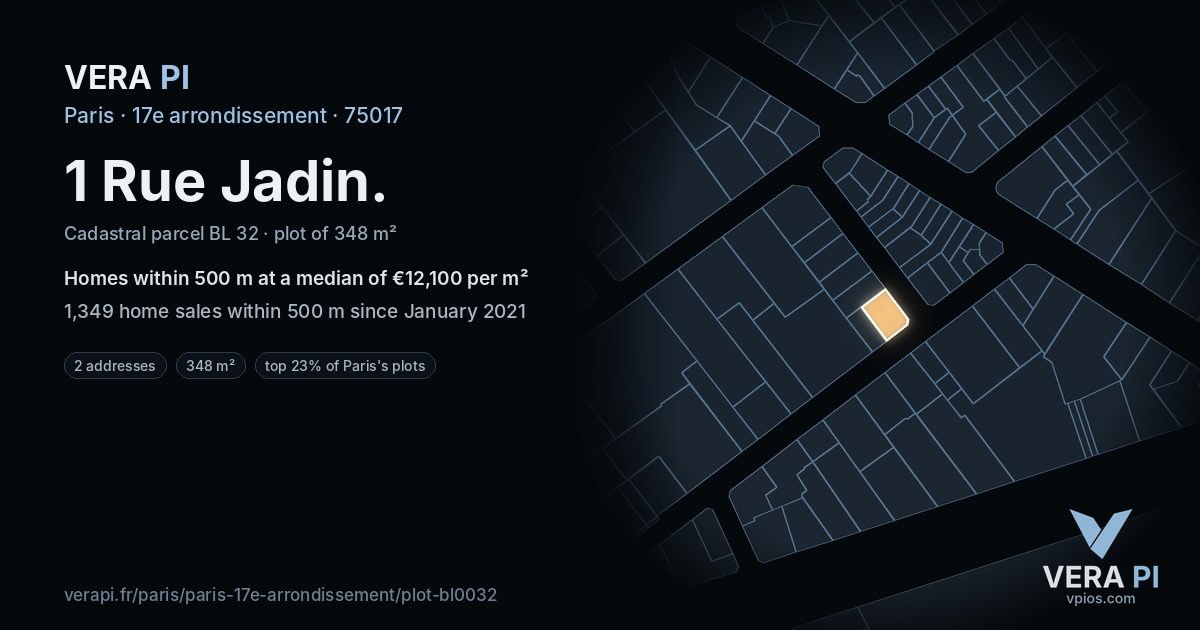 1 Rue Jadin, 17e arrondissement at night – the plot lit, the parcels around coloured by the prices near them