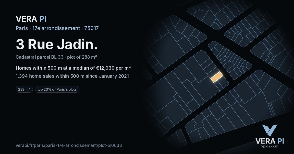 3 Rue Jadin, 17e arrondissement at night – the plot lit, the parcels around coloured by the prices near them