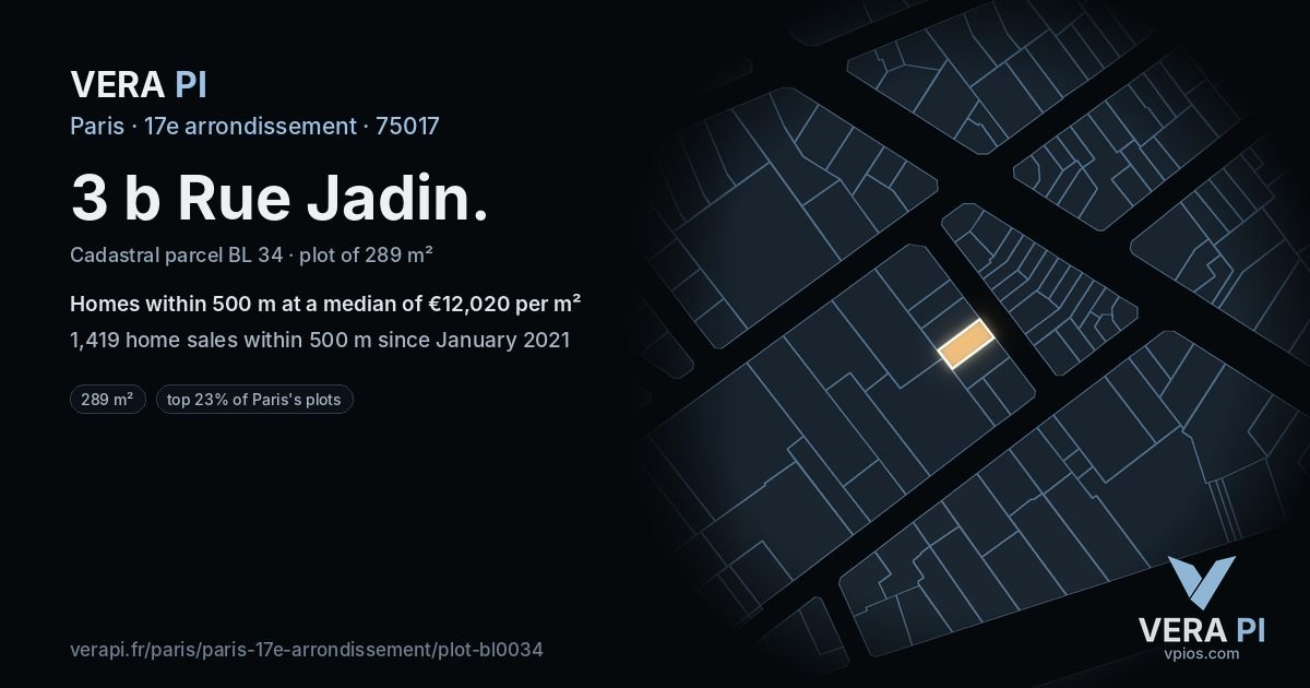 3 b Rue Jadin, 17e arrondissement at night – the plot lit, the parcels around coloured by the prices near them