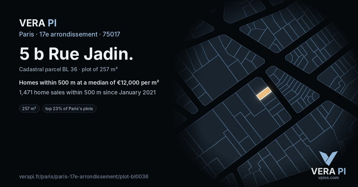 5 b Rue Jadin, 17e arrondissement at night – the plot lit, the parcels around coloured by the prices near them