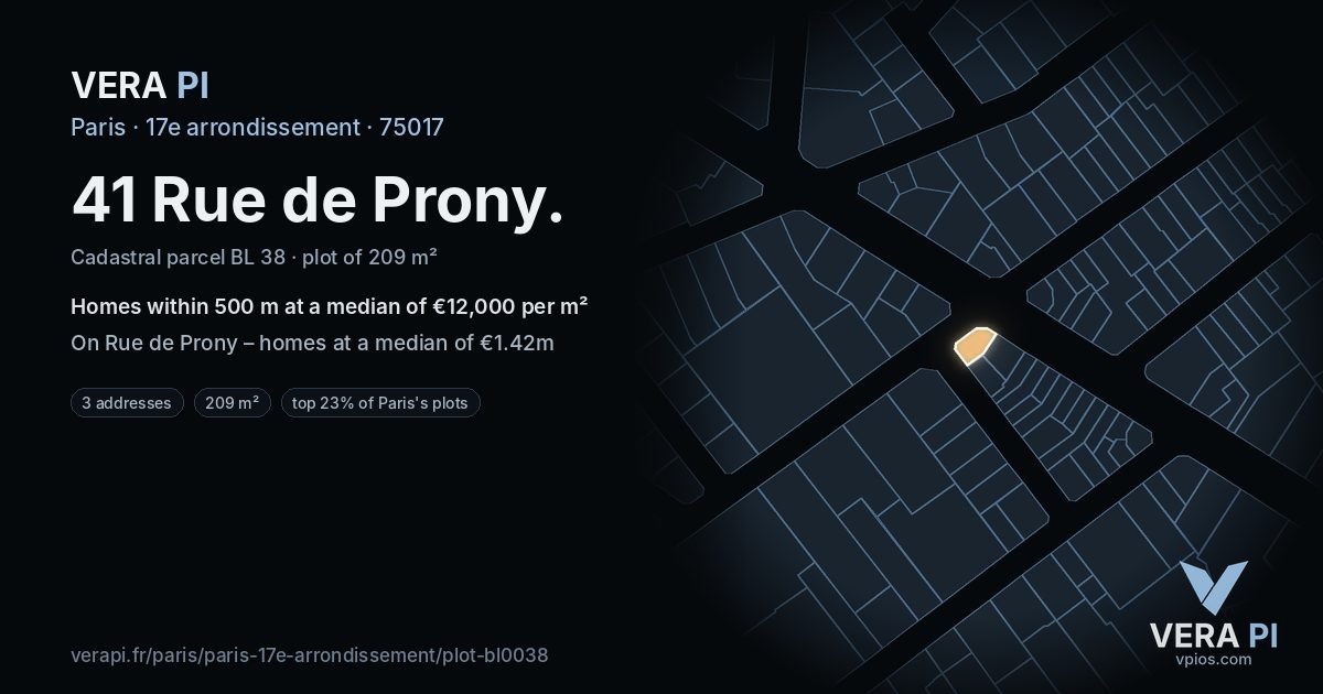 41 Rue de Prony, 17e arrondissement at night – the plot lit, the parcels around coloured by the prices near them