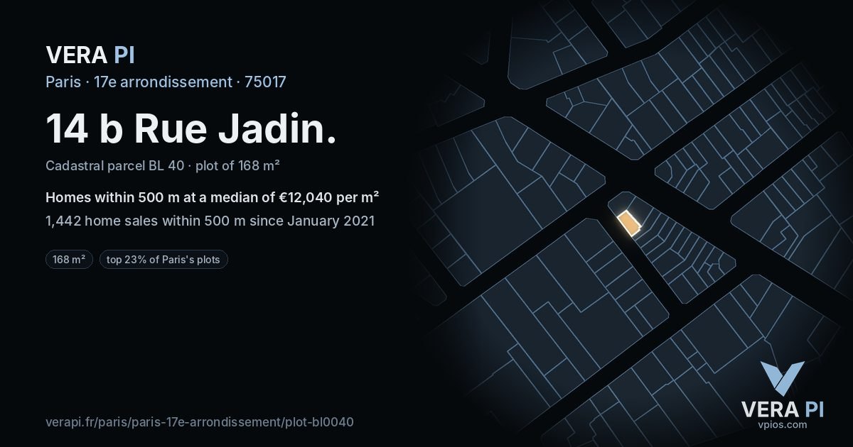 14 b Rue Jadin, 17e arrondissement at night – the plot lit, the parcels around coloured by the prices near them