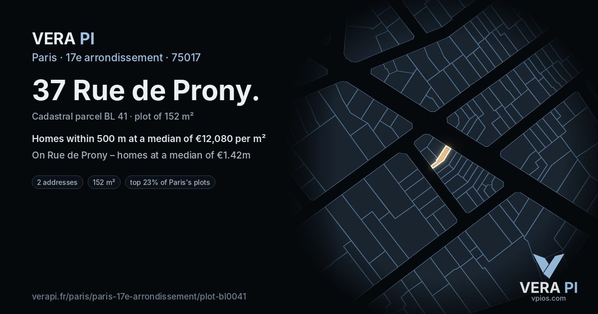 37 Rue de Prony, 17e arrondissement at night – the plot lit, the parcels around coloured by the prices near them