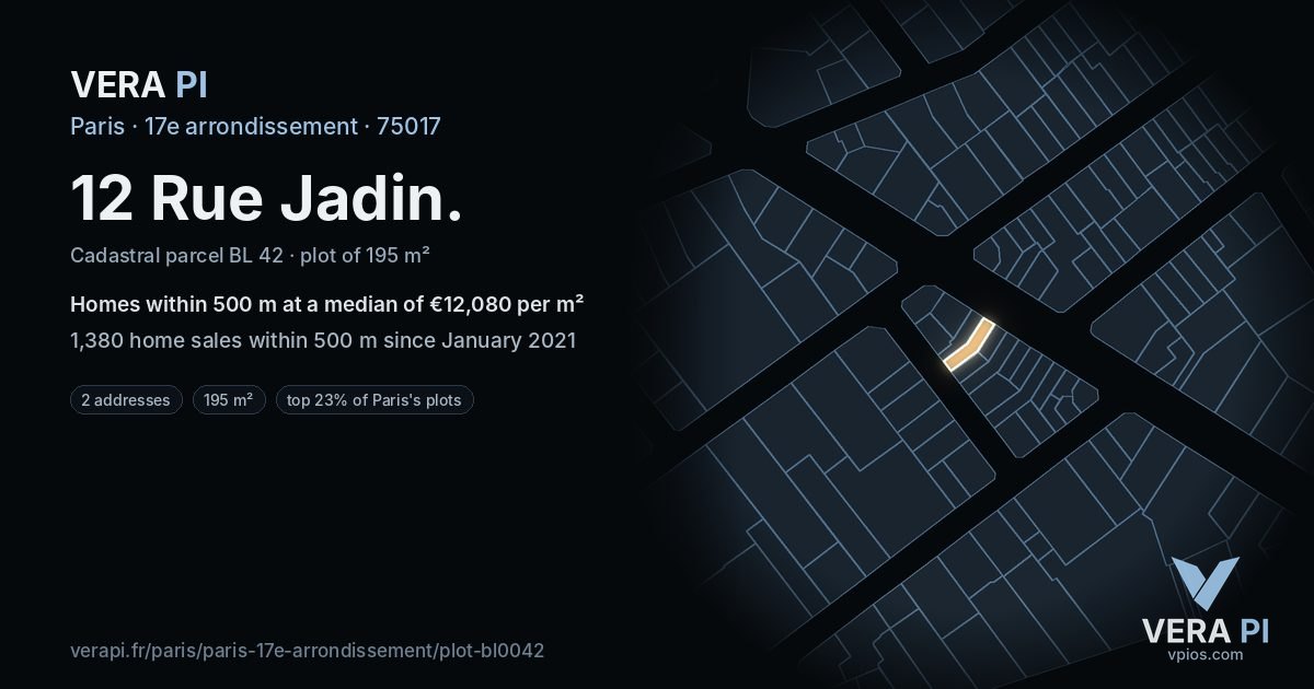 12 Rue Jadin, 17e arrondissement at night – the plot lit, the parcels around coloured by the prices near them