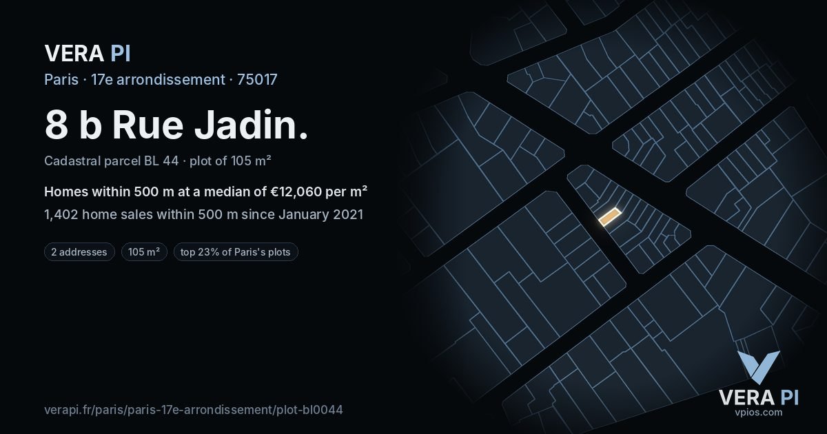8 b Rue Jadin, 17e arrondissement at night – the plot lit, the parcels around coloured by the prices near them