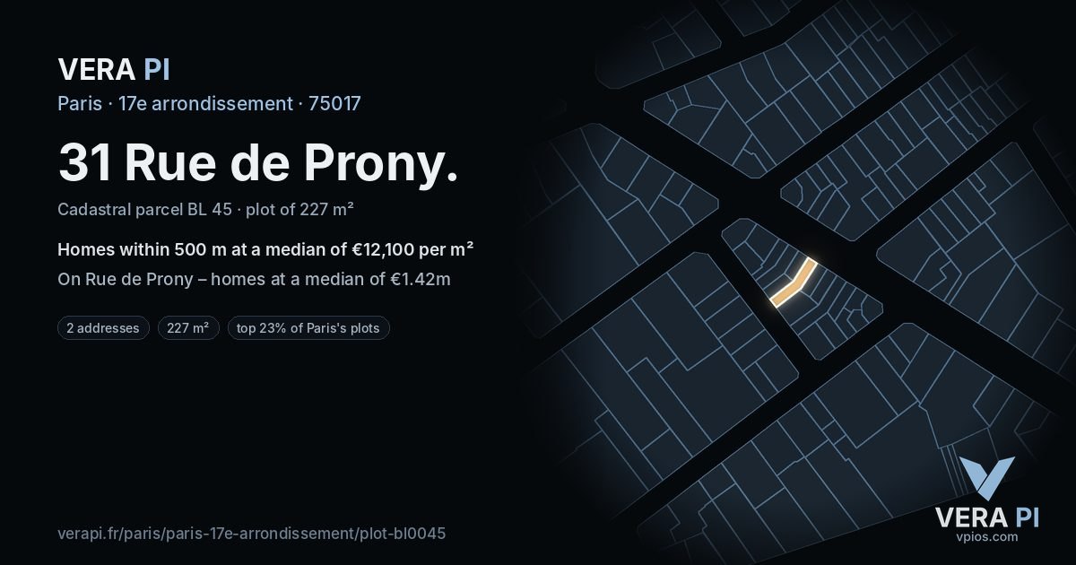 31 Rue de Prony, 17e arrondissement at night – the plot lit, the parcels around coloured by the prices near them