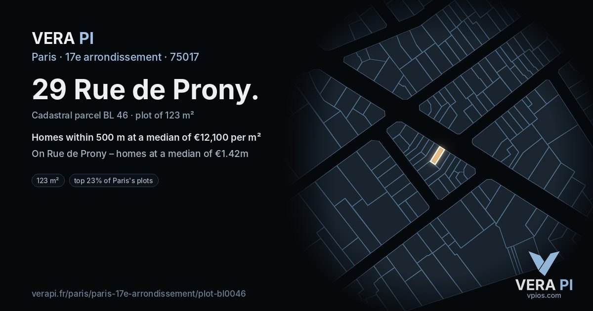 29 Rue de Prony, 17e arrondissement at night – the plot lit, the parcels around coloured by the prices near them