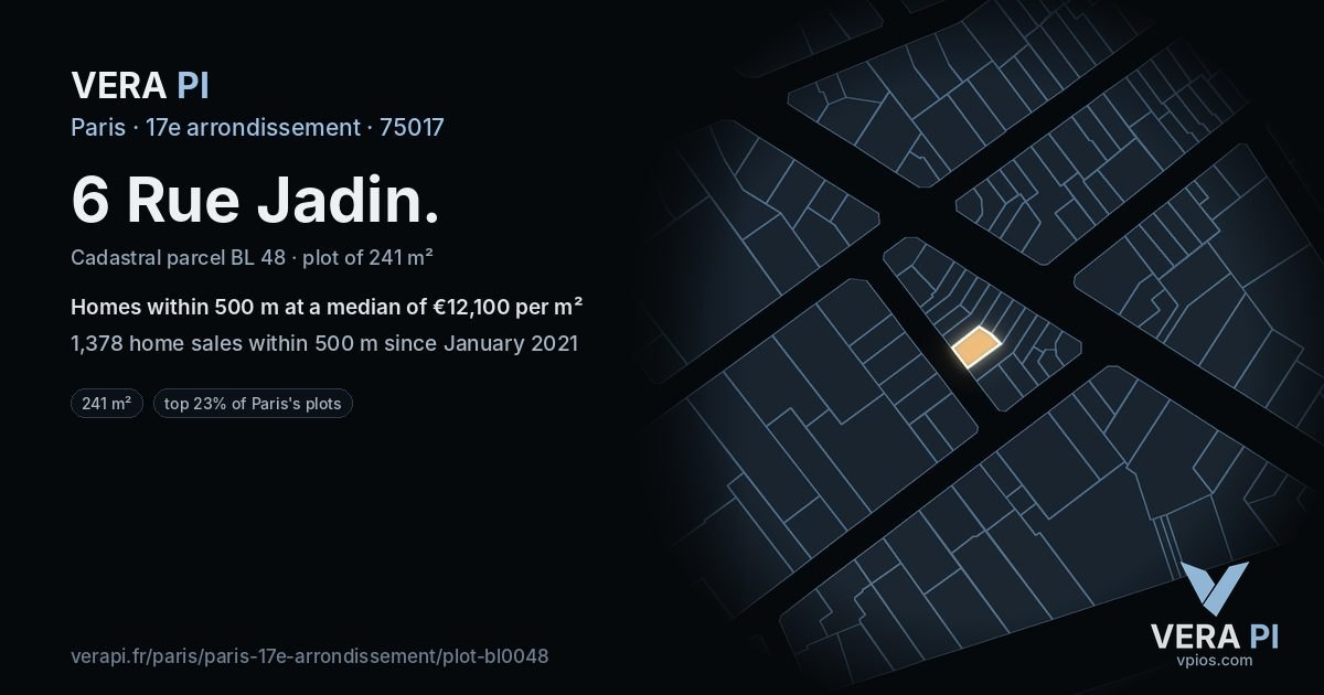 6 Rue Jadin, 17e arrondissement at night – the plot lit, the parcels around coloured by the prices near them