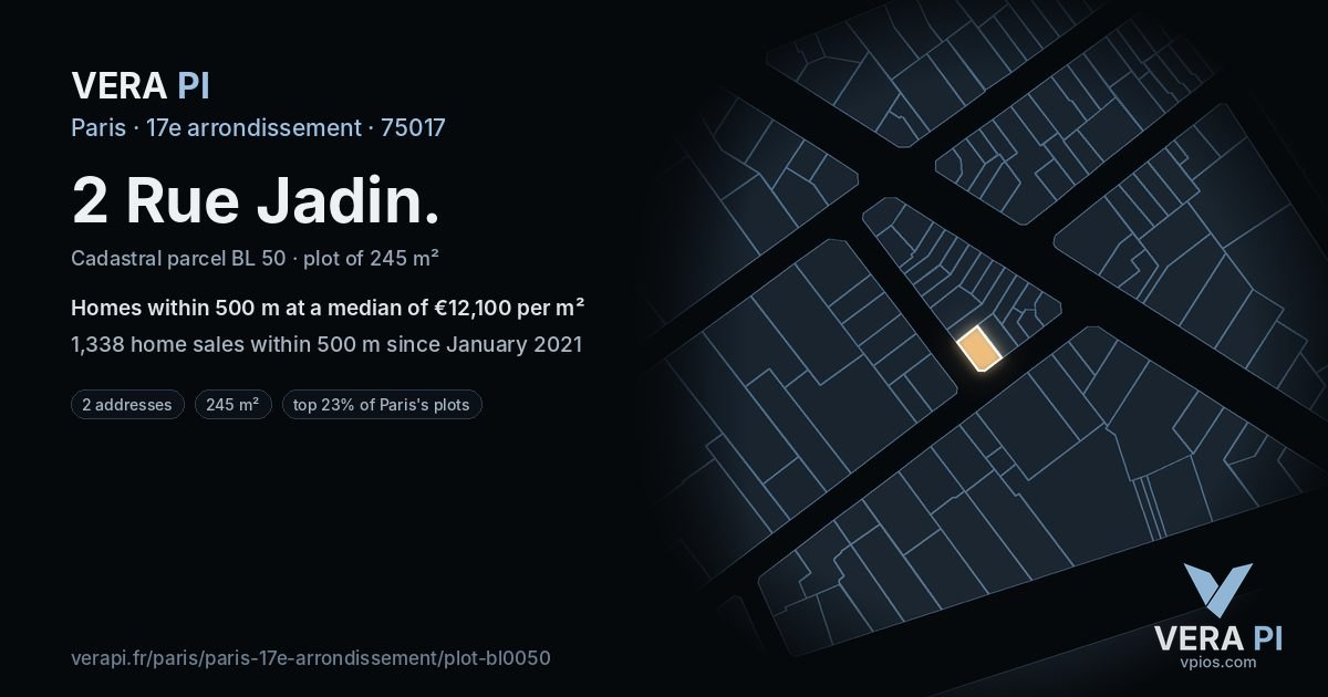 2 Rue Jadin, 17e arrondissement at night – the plot lit, the parcels around coloured by the prices near them