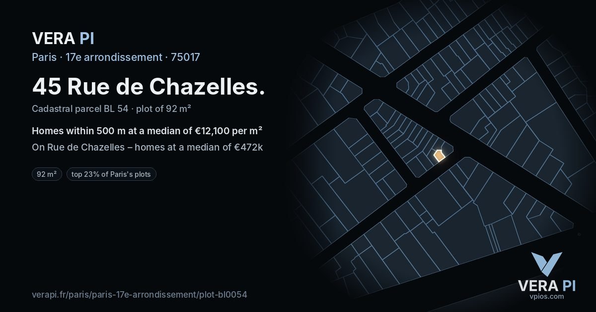 45 Rue de Chazelles, 17e arrondissement at night – the plot lit, the parcels around coloured by the prices near them