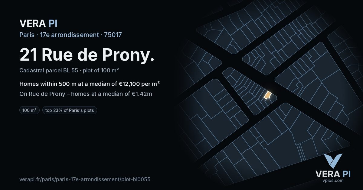 21 Rue de Prony, 17e arrondissement at night – the plot lit, the parcels around coloured by the prices near them