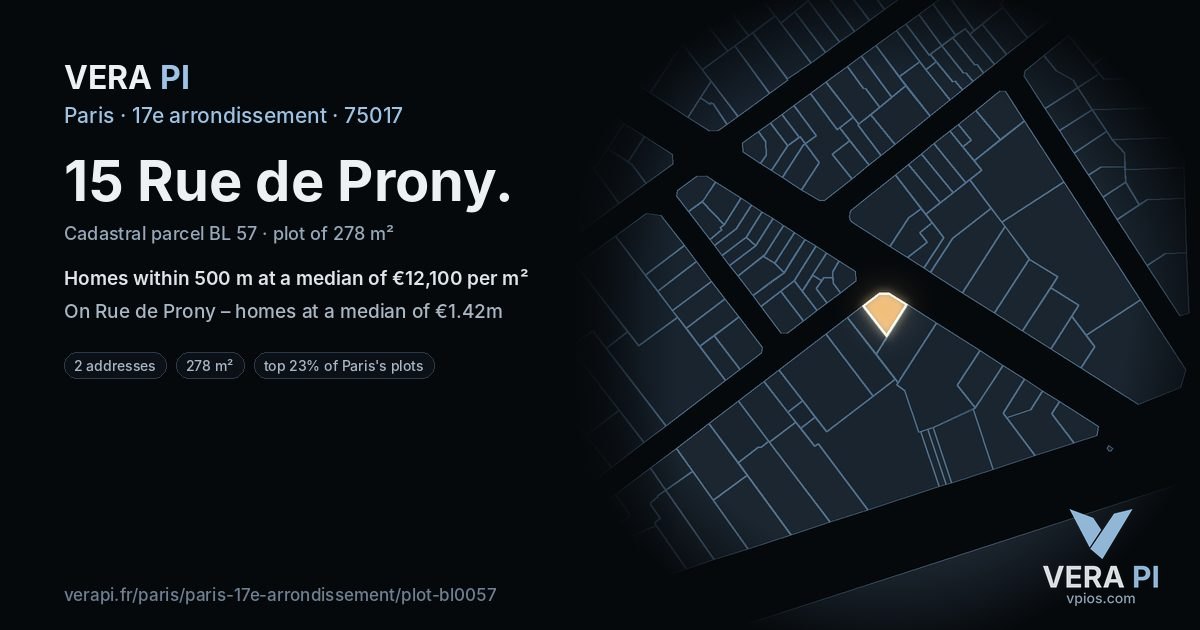 15 Rue de Prony, 17e arrondissement at night – the plot lit, the parcels around coloured by the prices near them