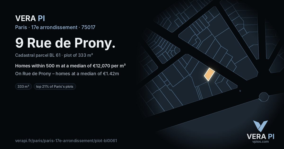9 Rue de Prony, 17e arrondissement at night – the plot lit, the parcels around coloured by the prices near them