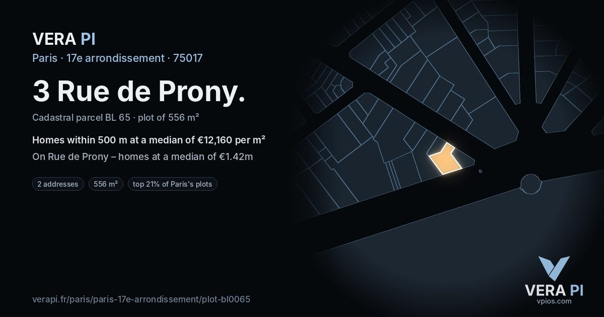 3 Rue de Prony, 17e arrondissement at night – the plot lit, the parcels around coloured by the prices near them