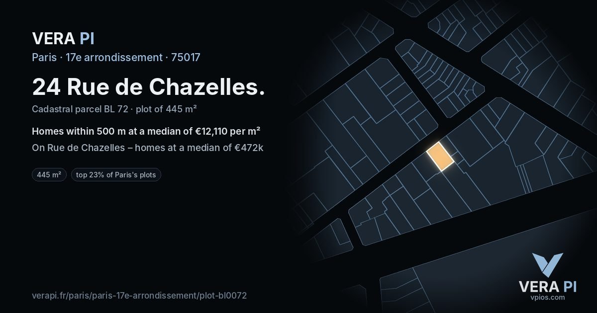 24 Rue de Chazelles, 17e arrondissement at night – the plot lit, the parcels around coloured by the prices near them