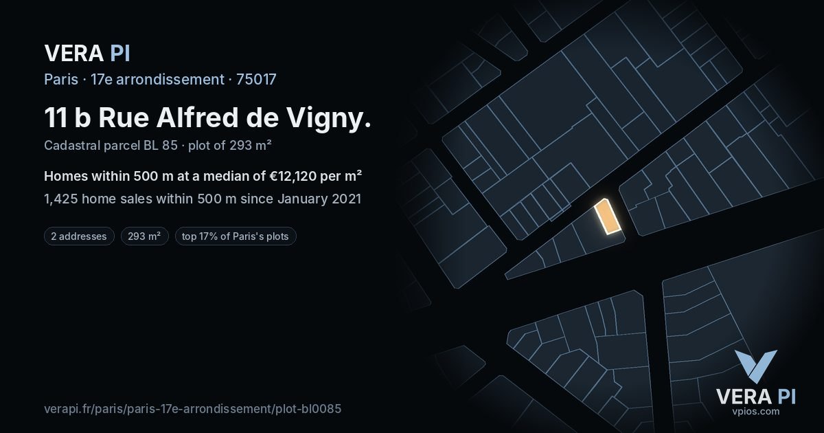 11 b Rue Alfred de Vigny, 17e arrondissement at night – the plot lit, the parcels around coloured by the prices near them