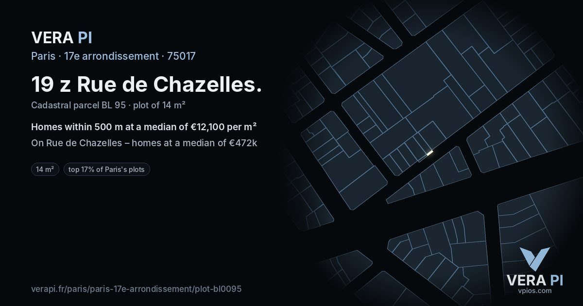 19 z Rue de Chazelles, 17e arrondissement at night – the plot lit, the parcels around coloured by the prices near them