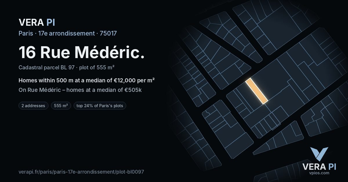 16 Rue Médéric, 17e arrondissement at night – the plot lit, the parcels around coloured by the prices near them