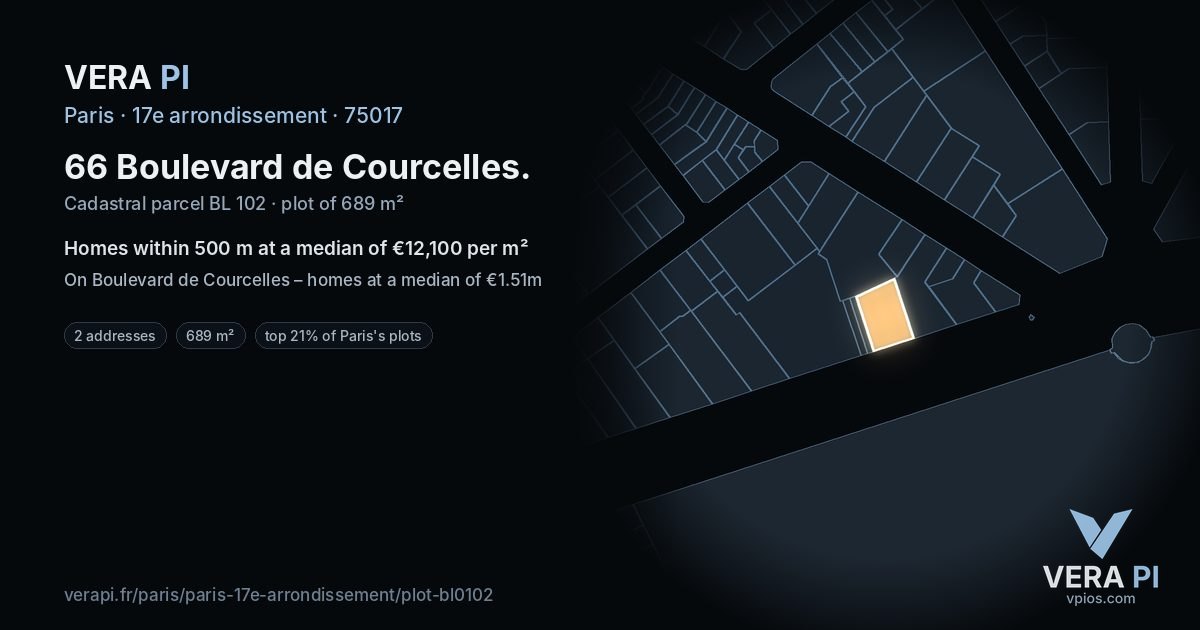 66 Boulevard de Courcelles, 17e arrondissement at night – the plot lit, the parcels around coloured by the prices near them