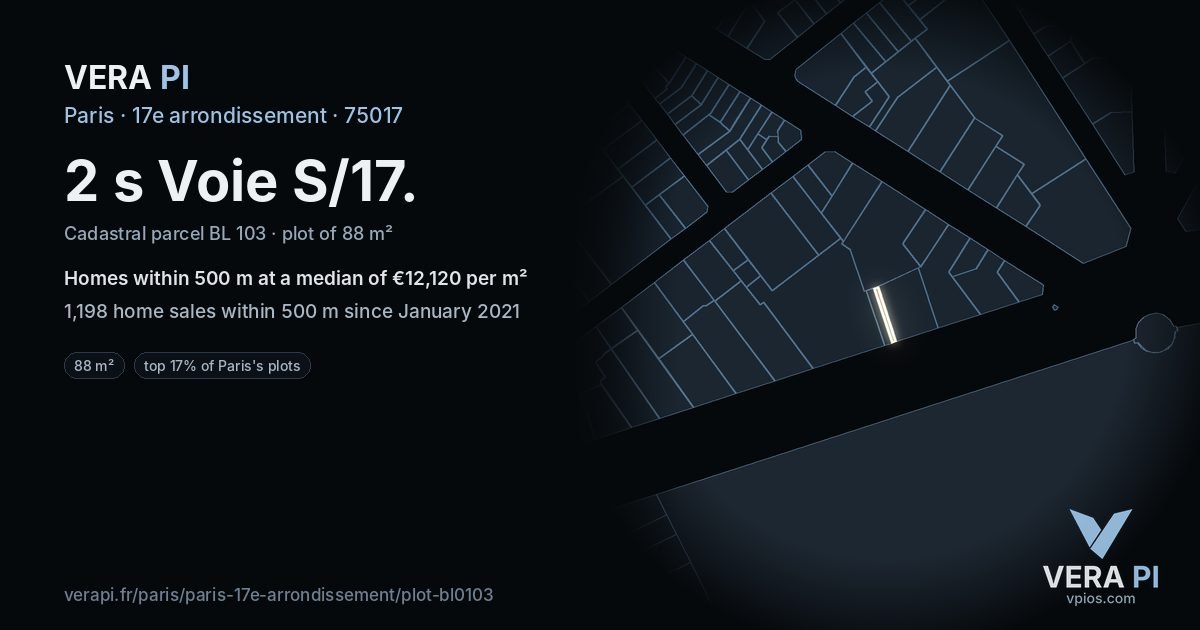 2 s Voie S/17, 17e arrondissement at night – the plot lit, the parcels around coloured by the prices near them
