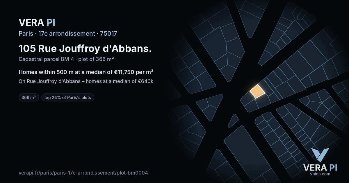 105 Rue Jouffroy d'Abbans, 17e arrondissement at night – the plot lit, the parcels around coloured by the prices near them
