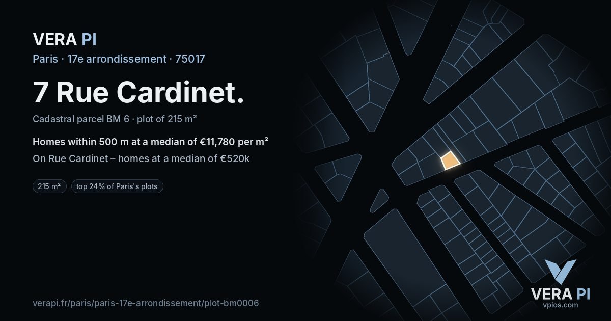 7 Rue Cardinet, 17e arrondissement at night – the plot lit, the parcels around coloured by the prices near them