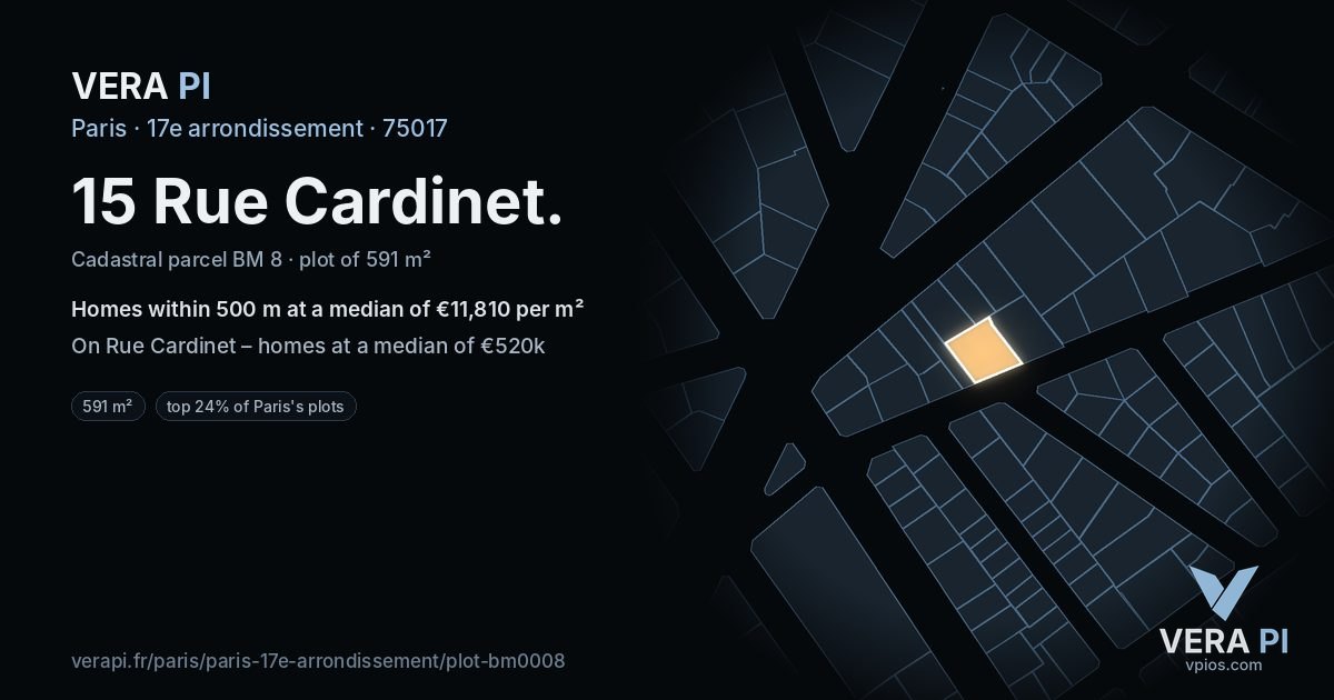 15 Rue Cardinet, 17e arrondissement at night – the plot lit, the parcels around coloured by the prices near them
