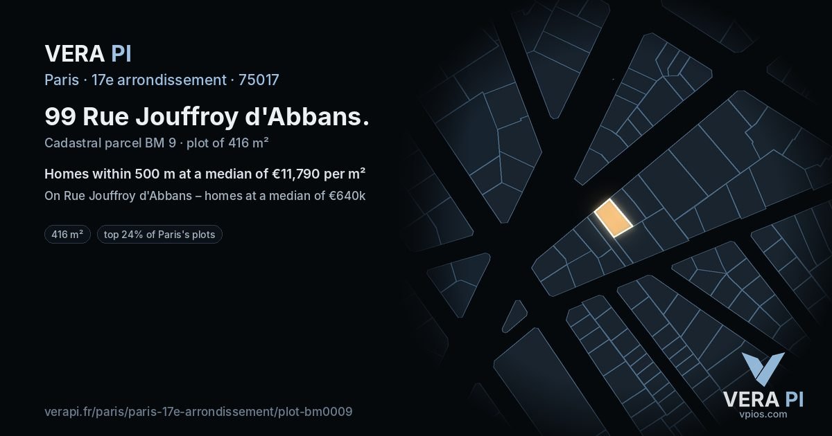 99 Rue Jouffroy d'Abbans, 17e arrondissement at night – the plot lit, the parcels around coloured by the prices near them
